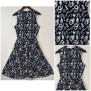 Nooworks Novelty Print Fit & Flare L Dress Black White Gothic Witchy Art Dress